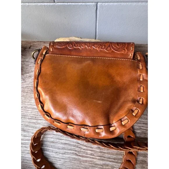 Patricia Nash Tooled Leather Saddle Bag Crossbody Whipstitch Braided Strap Brown - Picture 2 of 8